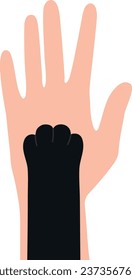 Cat paw on human hand isolated on white background. Man holding cat paw. Adopt a pet, pet donate and veterinarian care concept. Vector illustration