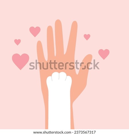 Cat paw on human hand. Man holding cat paw. With love to your pet, adopt a pet, pet donate and veterinarian care concept. Vector illustration