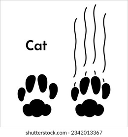 Cat paw print with claw marks black and white flat silhouette isolated on white background. Cartoon pet scratch, talons cuts monochrome vector illustration.