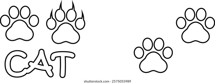 Cat paw print design flat and line icon set. Black vector collection isolated on transparent background. Footprint pet step symbol for animal zoo, vet logo element apps and websites.