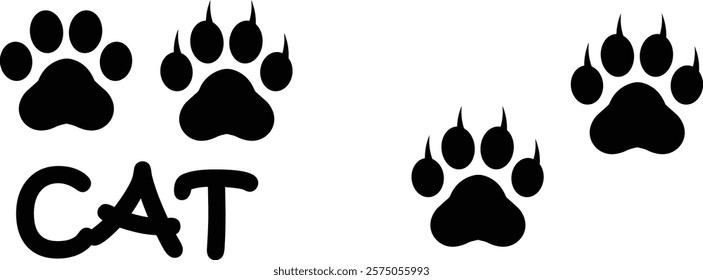 Cat paw print design flat and line icon set. Black vector collection isolated on transparent background. Footprint pet step symbol for animal zoo, vet logo element apps and websites.