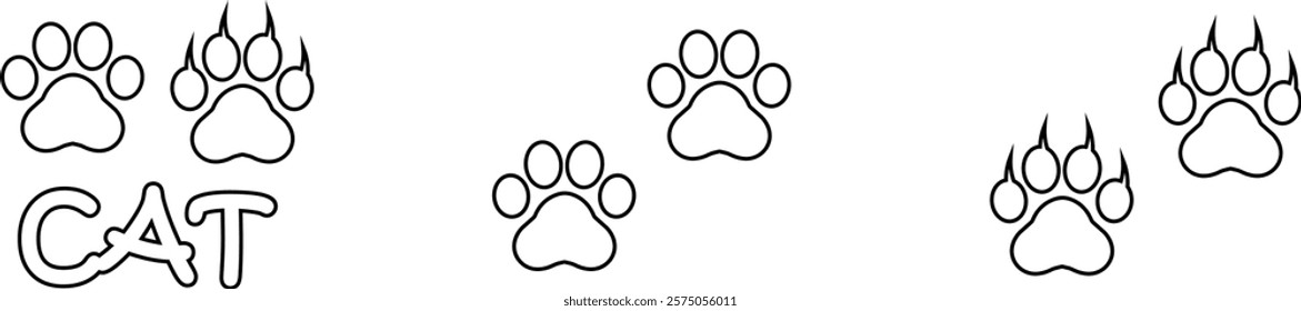 Cat paw print design flat and line icon set. Black vector collection isolated on transparent background. Footprint pet step symbol for animal zoo, vet logo element apps and websites.