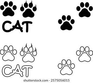 Cat paw print design flat and line icon set. Black vector collection isolated on transparent background. Footprint pet step symbol for animal zoo, vet logo element apps and websites.