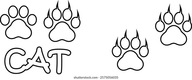 Cat paw print design flat and line icon set. Black vector collection isolated on transparent background. Footprint pet step symbol for animal zoo, vet logo element apps and websites.