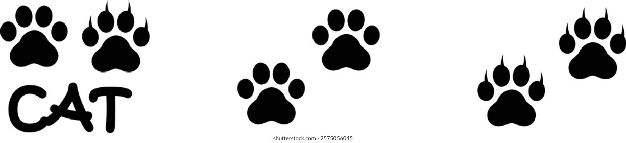 Cat paw print design flat and line icon set. Black vector collection isolated on transparent background. Footprint pet step symbol for animal zoo, vet logo element apps and websites.