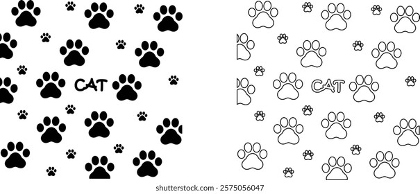 Cat paw print design flat and line icon set. Black vector collection isolated on transparent background. Footprint pet step symbol for animal zoo, vet logo element apps and websites.