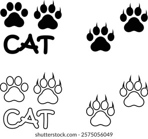 Cat paw print design flat and line icon set. Black vector collection isolated on transparent background. Footprint pet step symbol for animal zoo, vet logo element apps and websites.