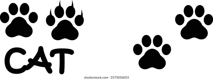 Cat paw print design flat and line icon set. Black vector collection isolated on transparent background. Footprint pet step symbol for animal zoo, vet logo element apps and websites.