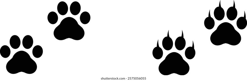 Cat paw print design flat and line icon set. Black vector collection isolated on transparent background. Footprint pet step symbol for animal zoo, vet logo element apps and websites.