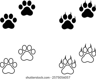 Cat paw print design flat and line icon set. Black vector collection isolated on transparent background. Footprint pet step symbol for animal zoo, vet logo element apps and websites.