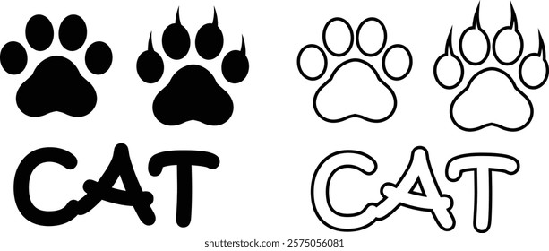 Cat paw print design flat and line icon set. Black vector collection isolated on transparent background. Footprint pet step symbol for animal zoo, vet logo element apps and websites.