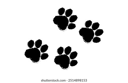 Cat paw print, dog foot icon, animal sketch path. Animal step texture. Bear, panda, tiger grunge stamp foot track isolated on white background. Cartoon vector illustration