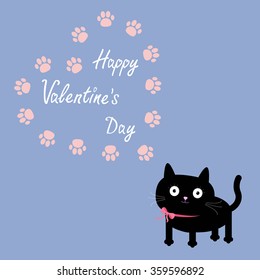 Cat and paw print heart frame template. Flat design. Happy Valentines Day Greeting card Rose quartz serenity color background Vector illustration