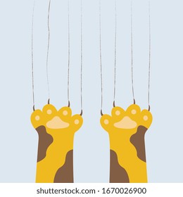 Cat paw print scratching surface, flat vector illustration isolated on blue background. Animal leg or foot with claws scratch track for t-shirt print and cards.