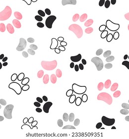 Cat paw print seamless pattern in pink and black colors