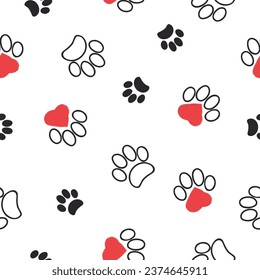 Cat paw print seamless pattern with hearts