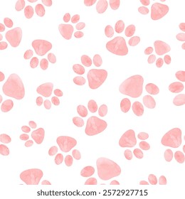 Cat paw print seamless watercolor pattern in pink color