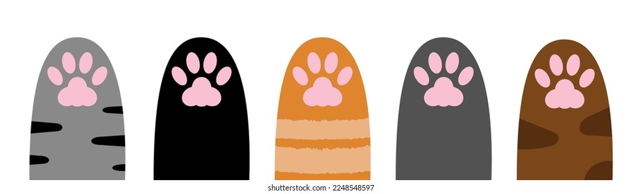 Cat paw print set. Kitten silhouette icon sign symbol. Various kitten legs. Dog cat pawprint. Pink footprint collection. Stripe, spot fur. White background. Isolated. Flat design. Vector illustration