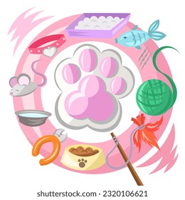 Cat paw print with various cat themed pet objects (collar, mouse, water bowl, nail cutter, food bowl, stick with feathers, wool ball, fish, kitten toilet) inside pink circle - vector illustration