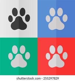 Cat paw print vector icon. Effect of folded paper. Colored (red, blue, green) illustrations. Flat design