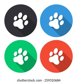 cat paw print vector icon - colored(gray, blue, green, red) round buttons with long shadow