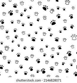 Cat paw print vector illustration. Dog, different black animal footprints on a white background. Seamless pattern of animal paws