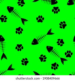 cat paw prints and fish skeleton, seamless pattern, vector illustration