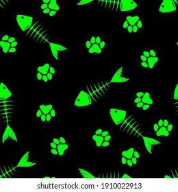 cat paw prints and fish skeleton, seamless pattern, vector illustration