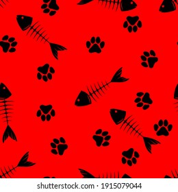 cat paw prints and fish skeleton, seamless pattern, vector illustration