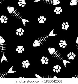 cat paw prints and fish skeleton, seamless pattern