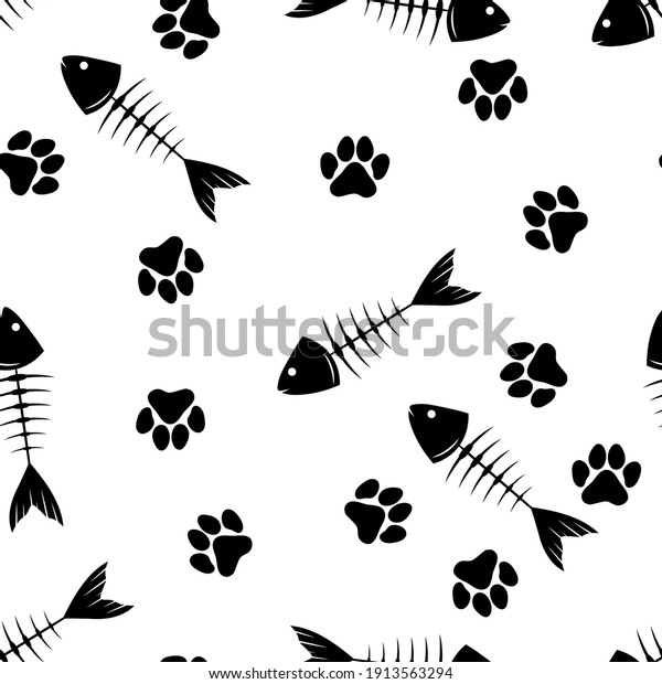 cat paw\
prints and fish skeleton, seamless\
pattern