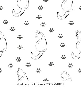 Cat and paw seamless pattern, outline sketch print on white background