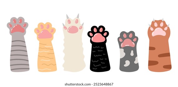 Pata de gato. Listras, garras, perna de gato bonito, pelo. Vetor desenhado à mão de desenhos animados isolado no branco