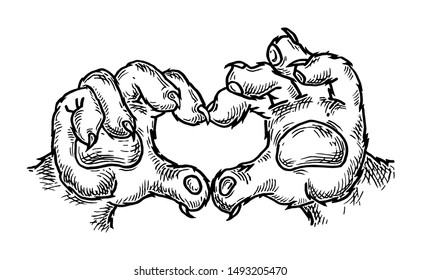 Cat paw show heart. Vector black engraving vintage illustration isolated on a white background. For web, poster, info graphic, t-shirt