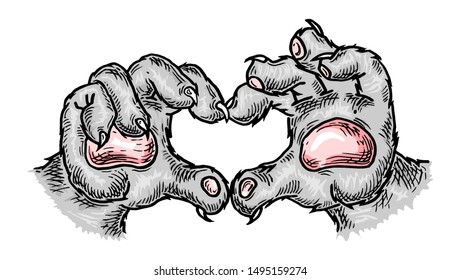 Cat paw shows heart. Vector color engraving vintage illustration isolated on a white background. For web, poster, info graphic, t-shirt