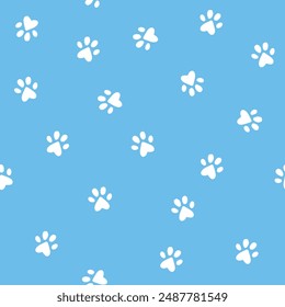 Cat paw texture, blue background, little paws seamless pattern