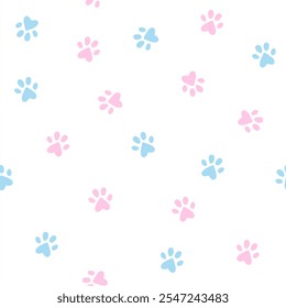 Cat paw texture, blue and pink background, little paws seamless pattern