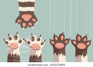 cat paw trap in threads, pet shop logo. isolated on brown background, simple cartoon flat style, vector illustration art.