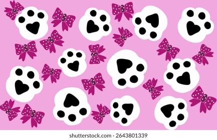 Padrão sem emenda do vetor da pata do gato com fita, design extravagante para tecido, papel de parede e papel de embrulho. Gatinhos bonitos e arcos brincalhões.
