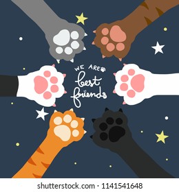 Cat paw we  are best friends on night sky cartoon vector illustration 