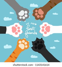 Cat paw we  are best friends on pastel sky cartoon vector illustration 