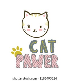 Cat pawer. Cute little cat and paws footprint. Vector isolated illustration.