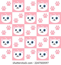 Cat and paws background. Cute animal pattern. Decoration, pet shop, fabric, textile, clothes, wrapping paper. Banner, brochure, poster, card. Vector illustration. 