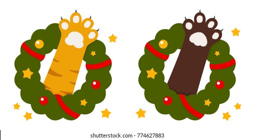 Cat paws and Christmas wreaths with ribbons stars and balls vector illustration on white background