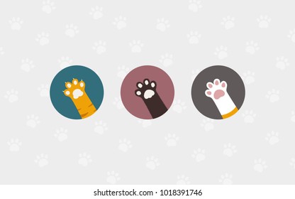 cat paws in circles on bright paws pattern background, flat dog paws wallpaper vector illustration, simple and clean cat cartoon