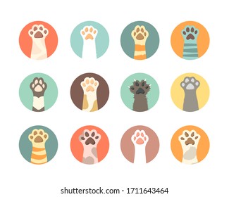 cat paws collection. domestic animals hands footprints of kitty pets symbols. Vector flat body parts of cats