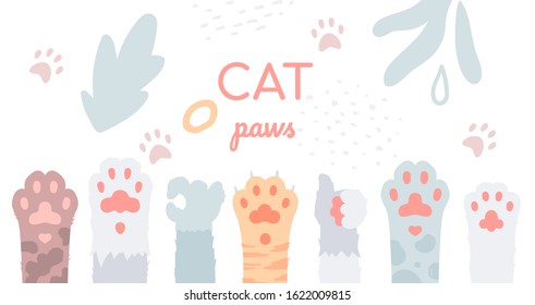 Cat paws collection - flat design style illustration on decorative background. A set of hand gestures, ok, thumb up symbols. Feet of different kittens, ginger, white, grey, tabby. Cute pets footprints
