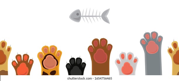 Patas de gato. Pie de dibujos animados y esqueleto de pescado. Vector de pie animal aislado, patrón transparente