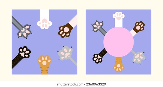 Cat paws. Cute kitten paw, cats claws and funny domestic pets foot. Kittens different up feet, pet kitty fur leg character doodle for fabric. Vector background illustration
