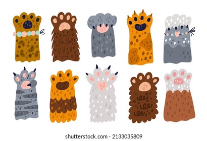 Cat paws. Cute little pets icons. Sweet animals extremity. Different colors and breeds, spotted, striped and fluffy kittens legs. Furry mammals feet with claws. Vector